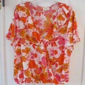 Melloday floral orange and red ruffle top in Large